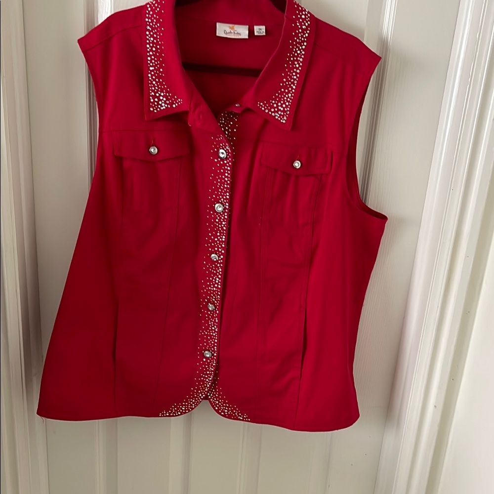 Ruby Red Sleeveless Button-Up Top with Studded Collar and Placket - Picture 2 of 5